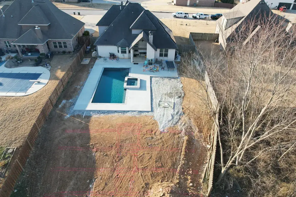 Aerial view of completed pool and spa project in Northwest Arkansas